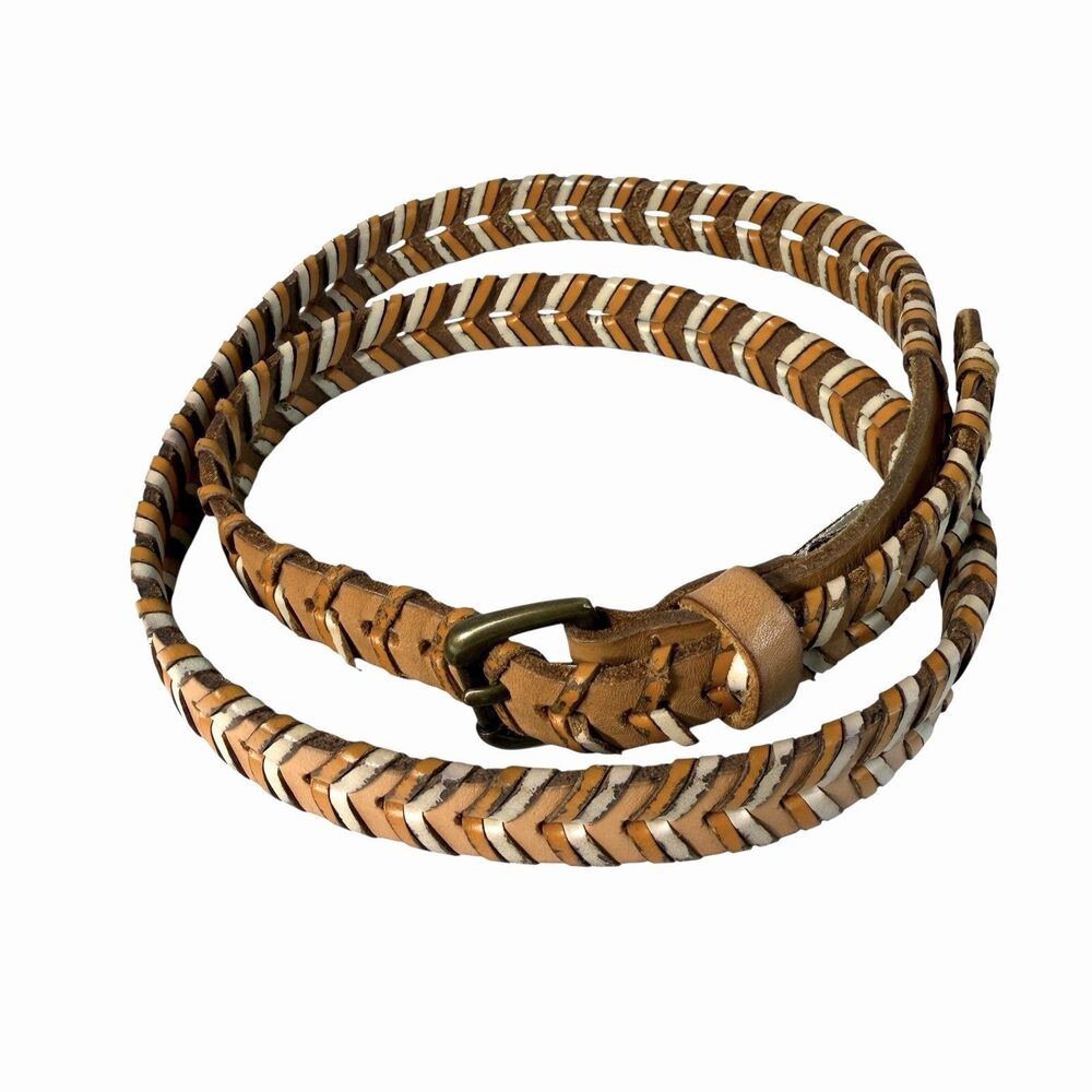 Fossil Leather Belt Braided Woven Tan White Vtg Brass Buckle Size M Boho Artisan